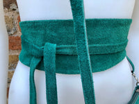 Small suede bag in teal GREEN with matching belt. Cross body bag + wrap belt set in soft genuine suede leather. Adjustable strap + zipper