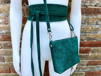 Small suede bag in teal GREEN with matching belt. Cross body bag + wrap belt set in soft genuine suede leather. Adjustable strap + zipper