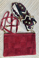 Burgundy leather bag. 2 straps: 1 embroidered guitar strap + 1 suede. Genuine leather cross body / shoulder bag. Small wine red suede purse