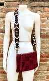 Burgundy leather bag. 2 straps: 1 embroidered guitar strap + 1 suede. Genuine leather cross body / shoulder bag. Small wine red suede purse