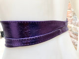 PURPLE leather OBI belt. Wide waist belt in soft genuine leather. Metallic shine wraparound belt, boho dress belt in silver color leather.