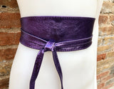 PURPLE leather OBI belt. Wide waist belt in soft genuine leather. Metallic shine wraparound belt, boho dress belt in silver color leather.