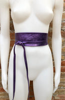 PURPLE leather OBI belt. Wide waist belt in soft genuine leather. Metallic shine wraparound belt, boho dress belt in silver color leather.