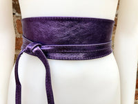 PURPLE leather OBI belt. Wide waist belt in soft genuine leather. Metallic shine wraparound belt, boho dress belt in silver color leather.