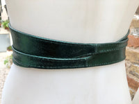 GREEN leather OBI belt. Wide waist belt in soft genuine leather. Metallic shine wraparound belt, boho dress belt in silver color leather.