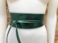 GREEN leather OBI belt. Wide waist belt in soft genuine leather. Metallic shine wraparound belt, boho dress belt in silver color leather.