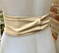 CREAM color obi belt. Wrap belt in soft genuine leather. Wraparound waist belt. Wide style. Boho dress belt in soft very light beige leather