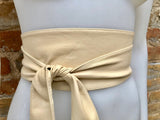 CREAM color obi belt. Wrap belt in soft genuine leather. Wraparound waist belt. Wide style. Boho dress belt in soft very light beige leather