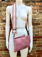 Small leather bag in PINK with embroidered strap. GENUINE leather cross body bag. Pink purse with zipper and wistlet. Pink guitar strap