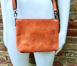 ORANGE suede leather bag. GENUINE leather crossbody / shoulder bag. Small suede bag with adjustable strap + zipper. Light orange purse