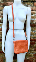 ORANGE suede leather bag. GENUINE leather crossbody / shoulder bag. Small suede bag with adjustable strap + zipper. Light orange purse