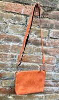 ORANGE suede leather bag. GENUINE leather crossbody / shoulder bag. Small suede bag with adjustable strap + zipper. Light orange purse