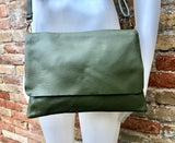 Dark GREEN cross body / shoulder bag. Genuine leather bag. Medium sized flat messenger bag with zipper + adjustable strap. Khaki green purse