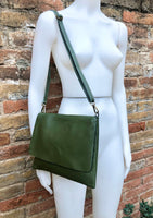 Dark GREEN cross body / shoulder bag. Genuine leather bag. Medium sized flat messenger bag with zipper + adjustable strap. Khaki green purse