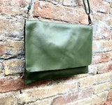 Dark GREEN cross body / shoulder bag. Genuine leather bag. Medium sized flat messenger bag with zipper + adjustable strap. Khaki green purse