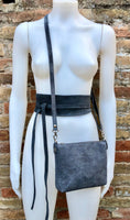 Small suede bag in DARK GRAY with matching belt. Cross body bag and OBI belt set in suede leather. Adjustable strap and zipper