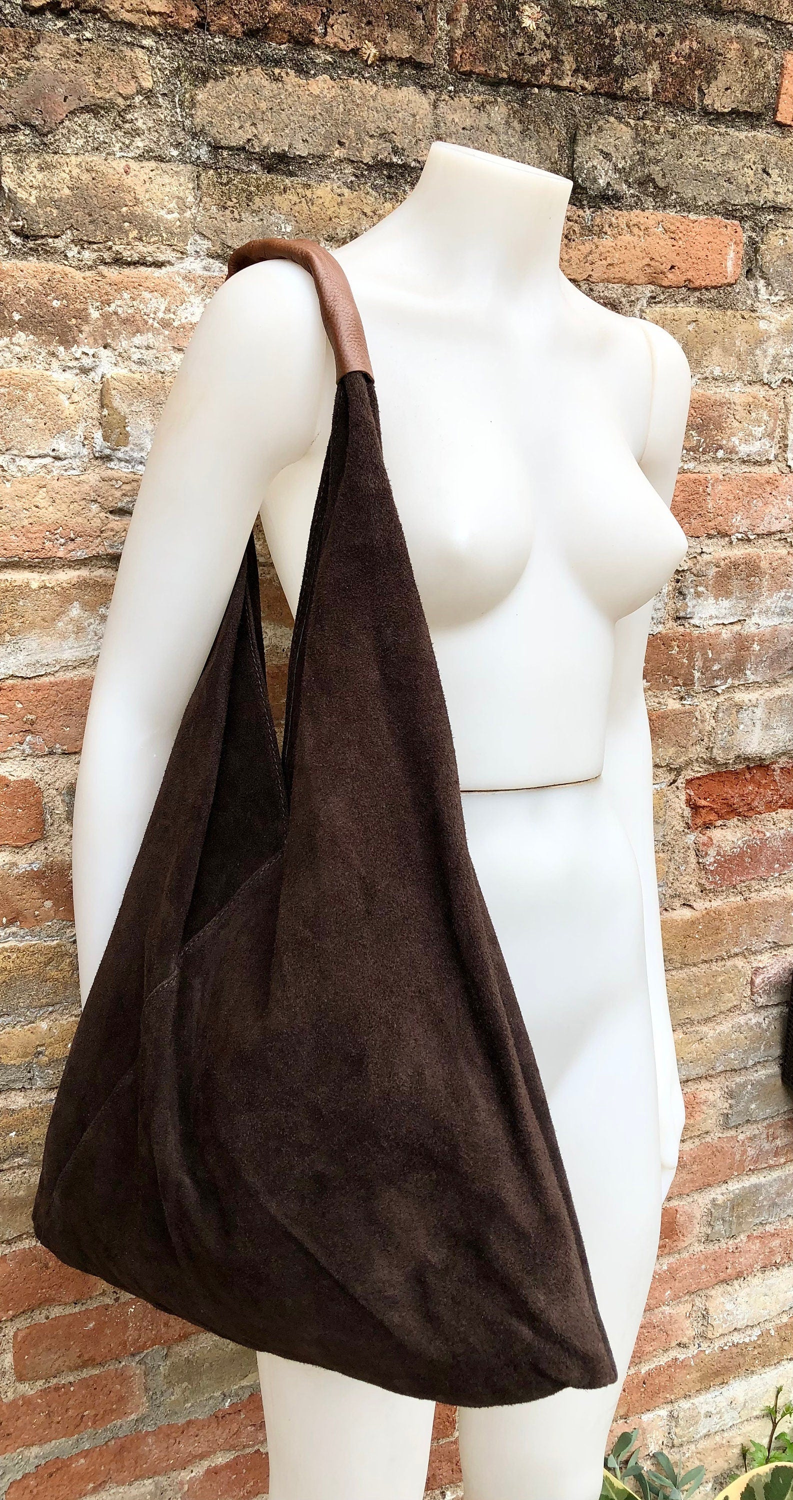 Slouch leather bag in dark brown suede. Genuine leather shoulder bag. Origami bag + camel brown leather accent. Large shopper. Brown purse