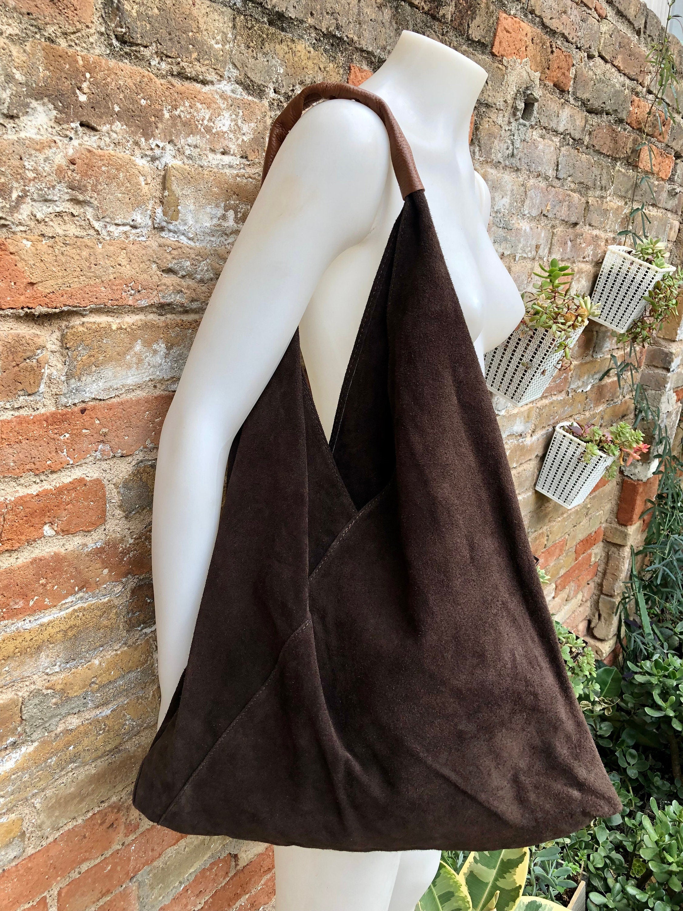 Slouch leather bag in dark brown suede. Genuine leather shoulder bag. Origami bag + camel brown leather accent. Large shopper. Brown purse