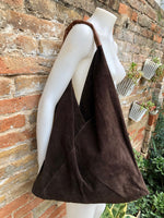 Slouch leather bag in dark brown suede. Genuine leather shoulder bag. Origami bag + camel brown leather accent. Large shopper. Brown purse
