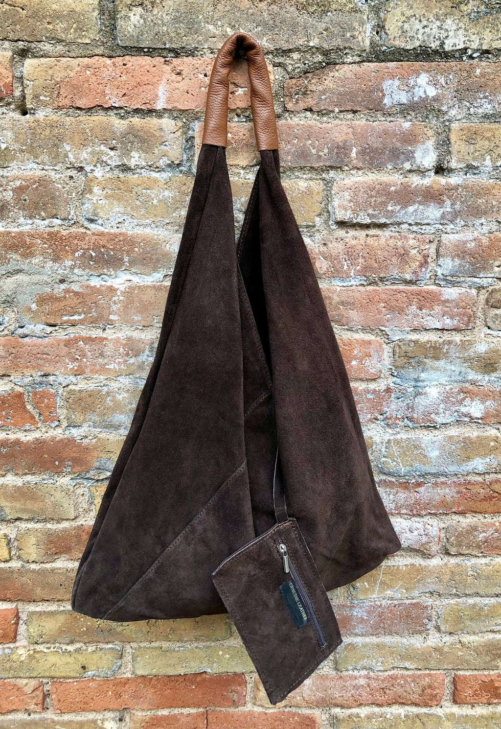 Slouch leather bag in dark brown suede. Genuine leather shoulder bag. Origami bag + camel brown leather accent. Large shopper. Brown purse