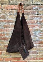 Slouch leather bag in dark brown suede. Genuine leather shoulder bag. Origami bag + camel brown leather accent. Large shopper. Brown purse