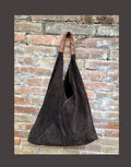 Slouch leather bag in dark brown suede. Genuine leather shoulder bag. Origami bag + camel brown leather accent. Large shopper. Brown purse