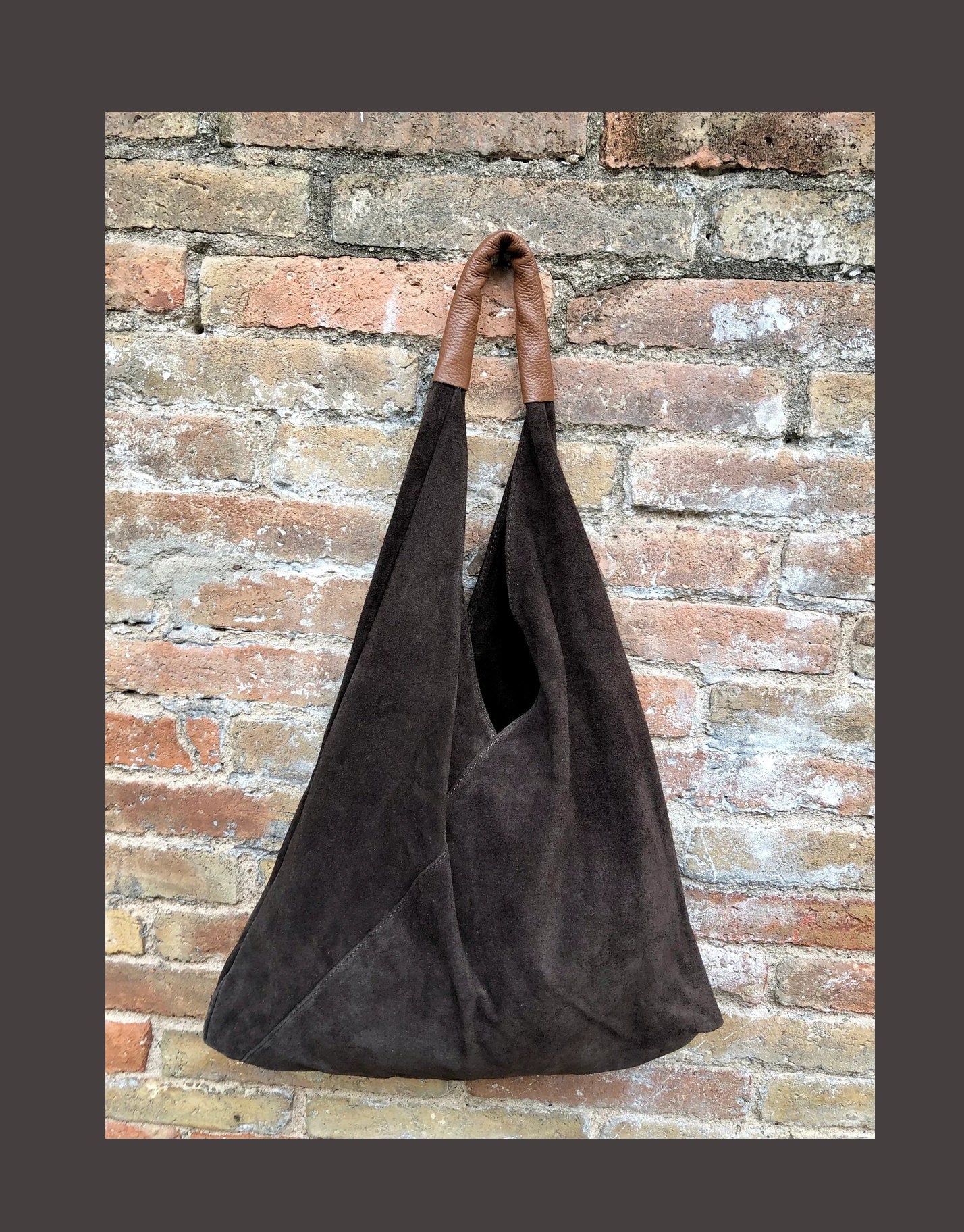 Slouch leather bag in dark brown suede. Genuine leather shoulder bag. Origami bag + camel brown leather accent. Large shopper. Brown purse