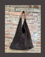 Slouch leather bag in dark brown suede. Genuine leather shoulder bag. Origami bag + camel brown leather accent. Large shopper. Brown purse