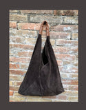 Slouch leather bag in dark brown suede. Genuine leather shoulder bag. Origami bag + camel brown leather accent. Large shopper. Brown purse