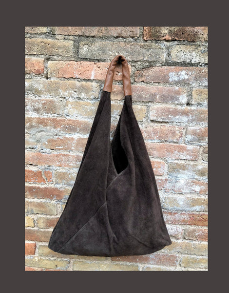 Slouch leather bag in dark brown suede. Genuine leather shoulder bag. Origami bag + camel brown leather accent. Large shopper. Brown purse