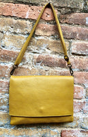 YELLOW genuine leather bag. Cross body / shoulder bag with adjustable strap, zipper and flap. Medium leather messenger. Mustard yellow purse