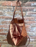 Tote leather bag in COPPER. Metallic effect genuine leather shopper. Large carry all bag for your laptop, books. COPPER soft leather purse.