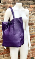 Tote leather bag in PURPLE. Soft natural GENUINE leather bag. Large purple leather shopper bag, Laptop bag. With ZIPPER. Purple purse