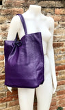 Tote leather bag in PURPLE. Soft natural GENUINE leather bag. Large purple leather shopper bag, Laptop bag. With ZIPPER. Purple purse