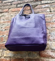 Tote leather bag in PURPLE. Soft natural GENUINE leather bag. Large purple leather shopper bag, Laptop bag. With ZIPPER. Purple purse