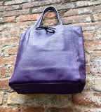 Tote leather bag in PURPLE. Soft natural GENUINE leather bag. Large purple leather shopper bag, Laptop bag. With ZIPPER. Purple purse