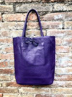 Tote leather bag in PURPLE. Soft natural GENUINE leather bag. Large purple leather shopper bag, Laptop bag. With ZIPPER. Purple purse
