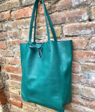 Tote leather bag in teal green. GENUINE leather shopper. Large carry all bag for your laptop, books. Dark green large leather purse