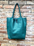 Tote leather bag in teal green. GENUINE leather shopper. Large carry all bag for your laptop, books. Dark green large leather purse