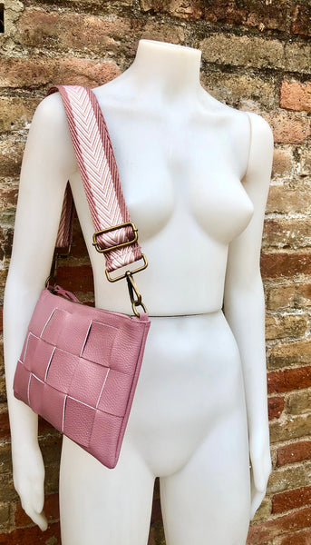 Small leather bag in PINK with embroidered strap. GENUINE leather cross body bag. Pink purse with zipper and wistlet. Pink guitar strap