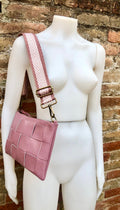 Small leather bag in PINK with embroidered strap. GENUINE leather cross body bag. Pink purse with zipper and wistlet. Pink guitar strap