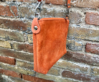 ORANGE suede leather bag. GENUINE leather crossbody / shoulder bag. Small suede bag with adjustable strap + zipper. Light orange purse