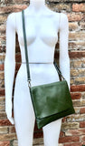 Dark GREEN cross body / shoulder bag. Genuine leather bag. Medium sized flat messenger bag with zipper + adjustable strap. Khaki green purse