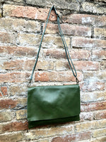 Dark GREEN cross body / shoulder bag. Genuine leather bag. Medium sized flat messenger bag with zipper + adjustable strap. Khaki green purse