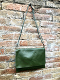 Dark GREEN cross body / shoulder bag. Genuine leather bag. Medium sized flat messenger bag with zipper + adjustable strap. Khaki green purse