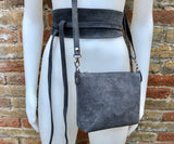 Small suede bag in DARK GRAY with matching belt. Cross body bag and OBI belt set in suede leather. Adjustable strap and zipper