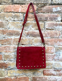 Burgundy crossbody bag w/ adjustable strap. Genuine suede leather bag. Wine red shoulder bag with studs zipper + flap. Burgundy suede purse