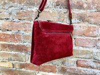 Burgundy crossbody bag w/ adjustable strap. Genuine suede leather bag. Wine red shoulder bag with studs zipper + flap. Burgundy suede purse