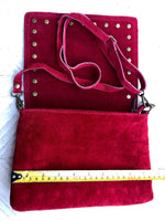 Burgundy crossbody bag w/ adjustable strap. Genuine suede leather bag. Wine red shoulder bag with studs zipper + flap. Burgundy suede purse