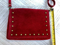 Burgundy crossbody bag w/ adjustable strap. Genuine suede leather bag. Wine red shoulder bag with studs zipper + flap. Burgundy suede purse